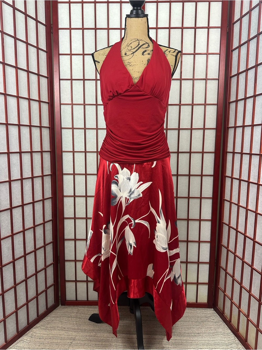 Y2K Charlotte Russe Red Romantic Date Night Handkerchief Halter Midi Dress